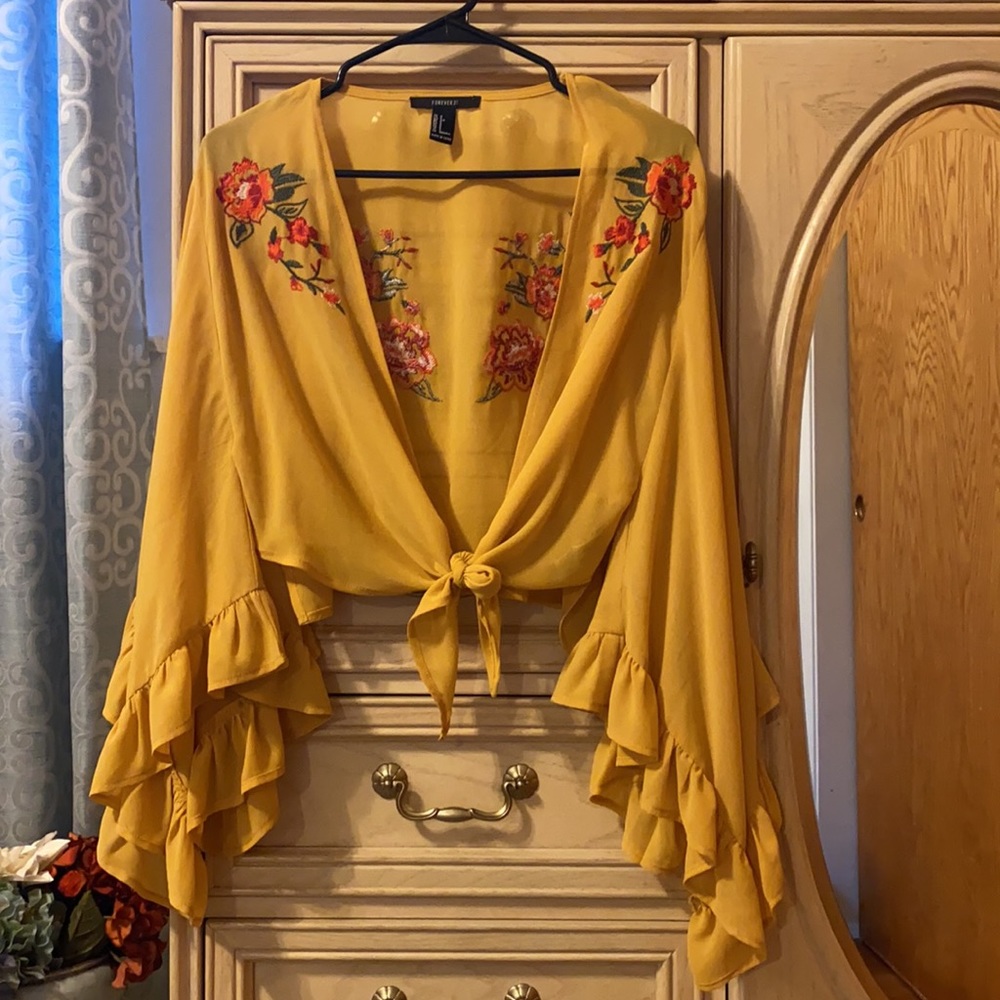 Forever 21 Mustard Floral Embroidered Top